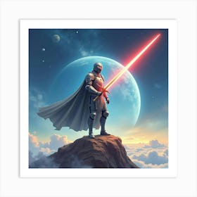 Futuristic Knight Wielding A Plasma Sword In Space, Watercolor Landscape 1 1 Art Print