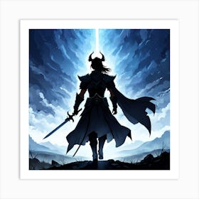 Swordsman, A Silhouette Of A Warrior Standing Tall On A Battlefield With A Serene Background Signifying Inner Art Print