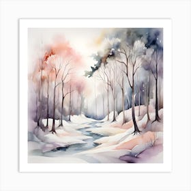 Watercolor Winter Landscape Art Print