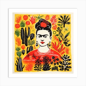 Frida Kahlo Colourful Lino Print Art Print