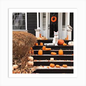 Halloween Cat On Front Steps Art Print