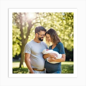 Happy Couple Holding Baby In Park Art Print