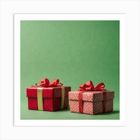 Christmas Gift Boxes On Green Background Art Print