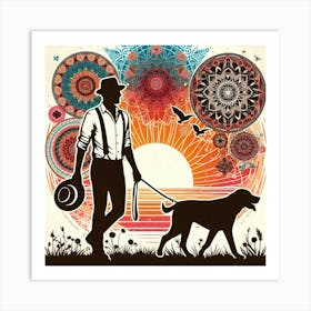 Boho art Silhouette of man with dog Art Print