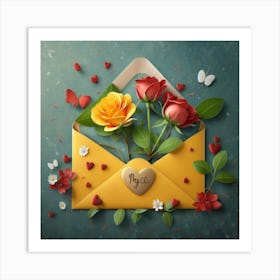 An open red and yellow letter envelope with flowers inside and little hearts outside 10 Art Print