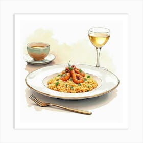 Watercolor Sketch Of A Rich And Creamy Seafood Risotto On A Modern Dining Table Art Print