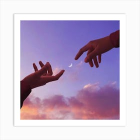 Two Hands Reaching For The Moon Art Print