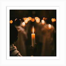 Easter Vigil With Lit Candles And A Darkened Church Reverent Art Print