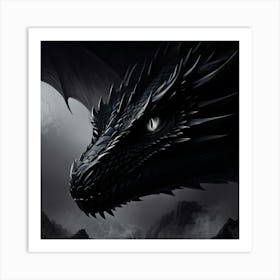 Monochrome Digital Painting Capturing The Piercing Eye Of A Black Dragon Scales Reflecting Faint Li Art Print