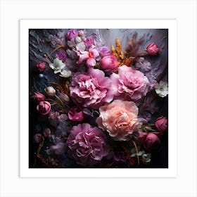 Pink Flowers On A Dark Background Art Print