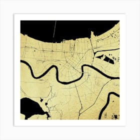 New Orleans Gold On Black Street Map Art Print