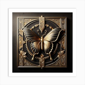 Ancient Egyptian Black & Gold Panel with Butterfly & Hieroglyphs III Art Print