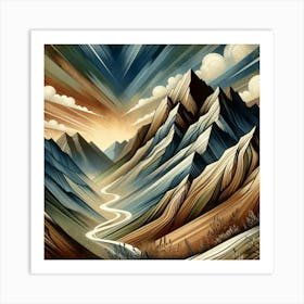 Title: "Eternal Ridges"  Description: "Eternal Ridges" captures the majesty of towering mountains with stylized peaks that soar towards a dynamic sky. The winding river at the foothills and the texture-rich foreground with hints of flora introduce a serene narrative to this nature-inspired piece. The warm sunrise palette evokes a sense of wonder and adventure, perfect for those seeking art that embodies the spirit of exploration and the beauty of the natural world. Art Print