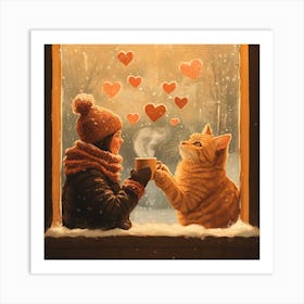 Cat and Person Sharing Hot Cocoa Artwork 6 Art Print