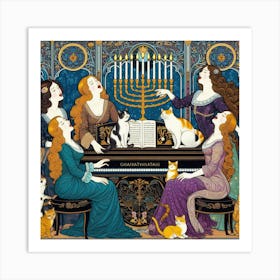 4 women singing around the piano Art Print