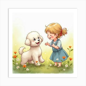 Adorable Bichon Frise Puppy And A Child Having Fun In A Watercolor Meadow 1 Art Print