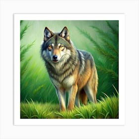 A Majestic Grey Wolf In A Lush Green Forest Art Print