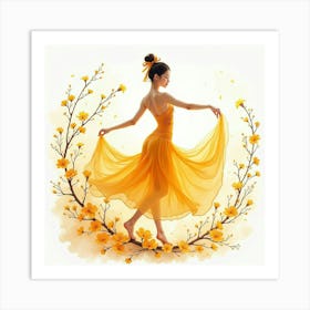 Beautiful Dancer Amidst Watercolor Golden Blossoms 1 Art Print