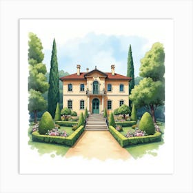 Elegant Italian Villa In Watercolor, With Lush Gardens And Classical Architecture 1 Art Print