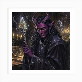 Tiefling Warlock In Candlelit Chamber With Glowing Crystal Staff Art Print