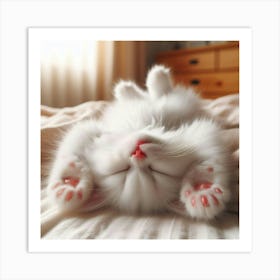 White Cat Sleeping On A Bed Art Print