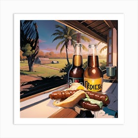 Beers and sausage sandwich Art Print