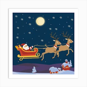 Santa Claus Flying With Reindeer Art Print