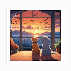 Two Cats Watching Sunset Art Print