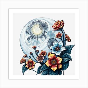 Clock And Flowers 1 Art Print