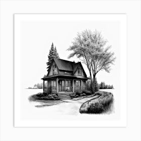 Black And White House Painting,Freehand_pencil_deep_black_outline_drawing_of_a_home 1 Art Print