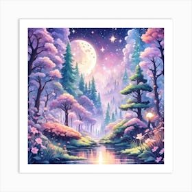 A Fantasy Forest With Twinkling Stars In Pastel Tone Square Composition 304 Art Print