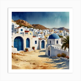 Aegean Village.Summer on a Greek island. Sea. Sand beach. White houses. Blue roofs. The beauty of the place. Watercolor. Art Print