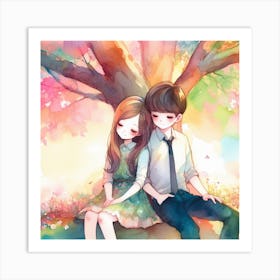 Couple Sitting Under A Tree Art Print