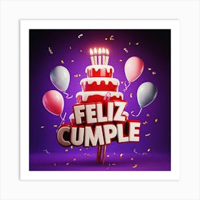 Feliz cumple and Feliz cumpleaños sign means Happy Birthday in Spanish language, Birthday party celebration gift with birthday cake candle colorful balloons best congratulation over light background wall artFeliz Cumple 11 Art Print