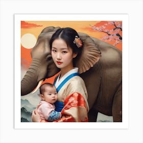 Asian Woman With Elephant Art Print