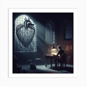 Man Writing In A Dark Room Art Print