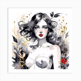 Selective Colour Portrait Of A Beautiful Topless Woman Square Format Art Print