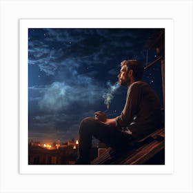 Man Smoking A Cigarette At Night Art Print