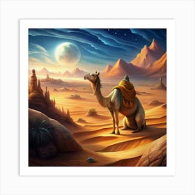 Camel In Desert Landscape With Moon Art Print