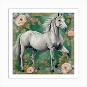 White Horse With Roses 1 Art Print