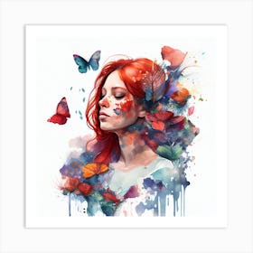 Watercolor Floral Red Hair Woman #2 Art Print