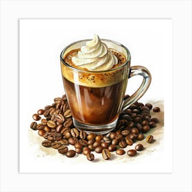 A Cup Of Coffee With Whipped Cream And Coffee Beans Art Print