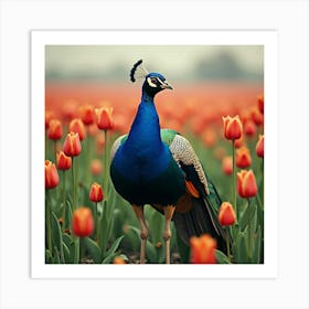 Peacock In A Field Of Tulips 1 Art Print