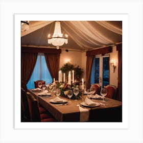 An Elegant Luxurious Tent Interior Features A Dining Table Set For A Meal With Curtains And Fireplace Creating A Cozy Atmosphere 1 Art Print