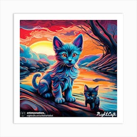 Blue Kittens At Sunset Art Print