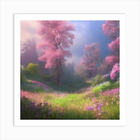 Pink Flowers In A Forest Art Print