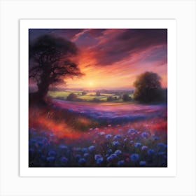 Fields of Cornflowers by Sunset Art Print