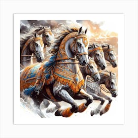 Moroccan Berber Horses Running Color Drawing Art Print