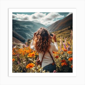 Woman Taking A Photo Of Flowers 1 Art Print