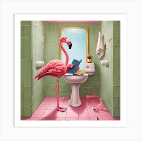 Flamingo In Bathroom Art Print